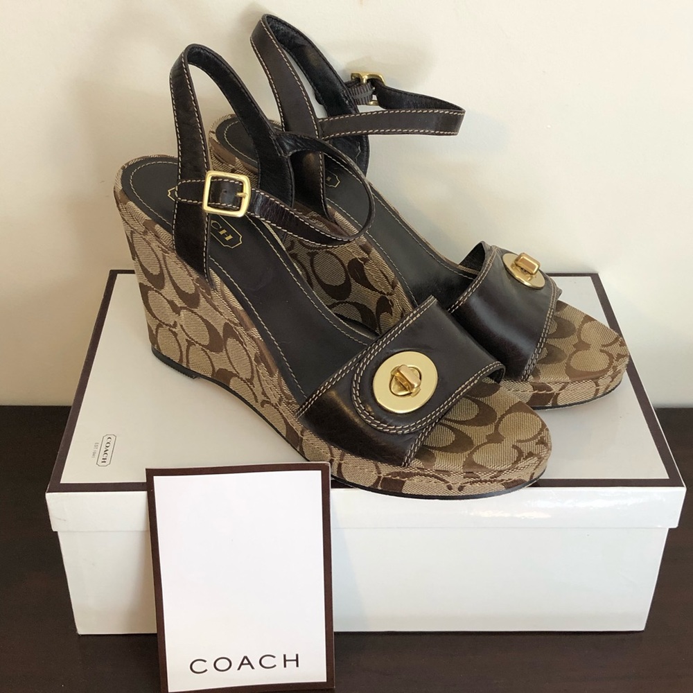 10 B Coach Sandals Heels Fabric Leather Brown